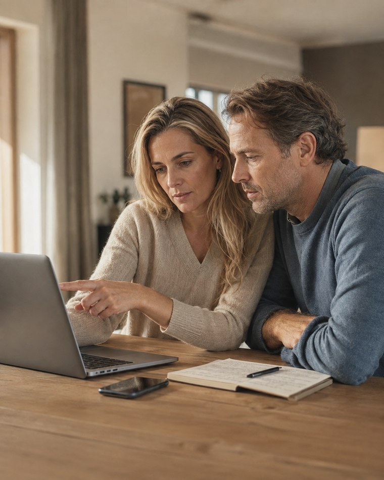 Una pareja revisando junta en su casa la información y los costos de un tratamiento de fertilidad