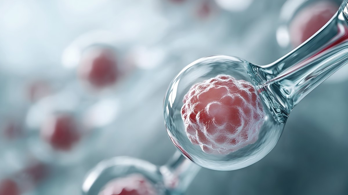 Render of a micropipette holding an oocyte in the laboratory